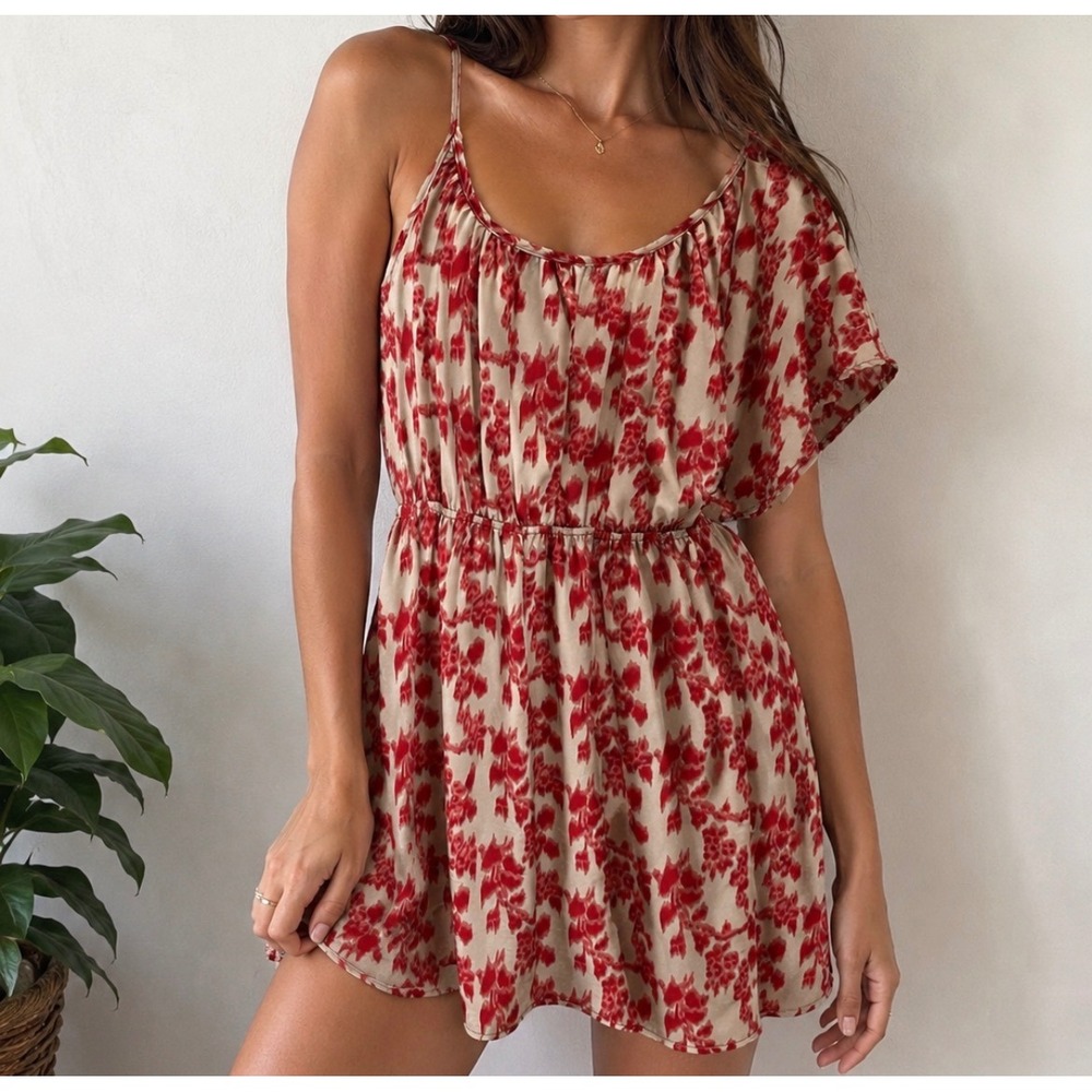 Soprano One Shoulder Dress Womens Small Red Floral Ikat Mini Asymmetrical Summer